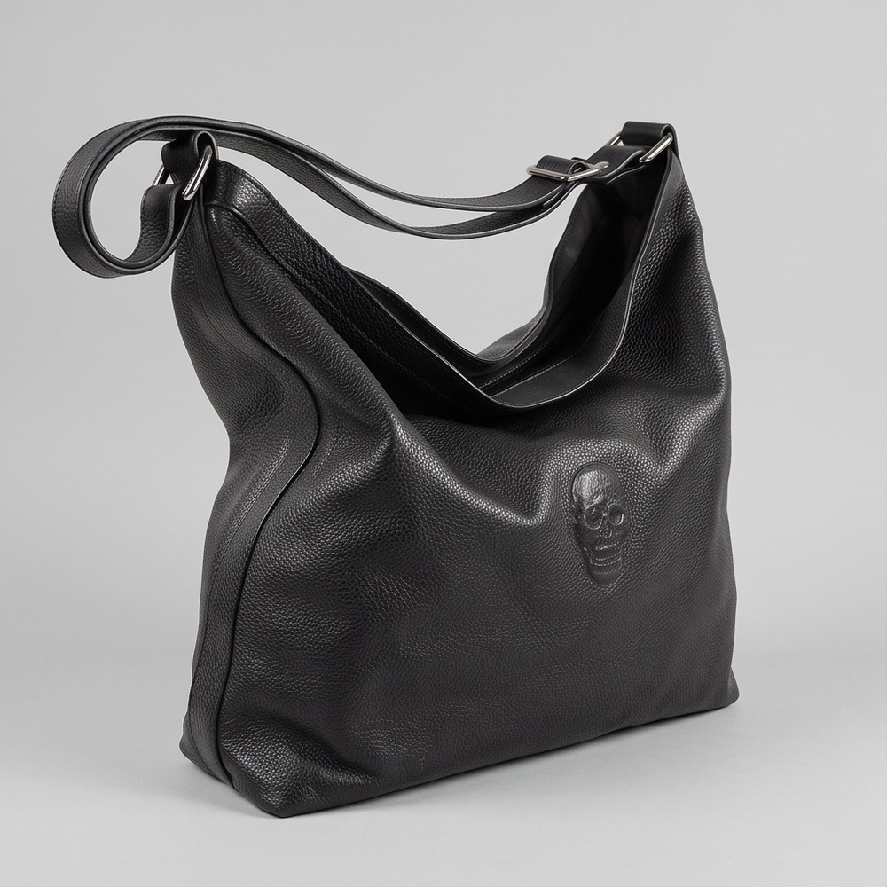 IO PELLE 🇮🇹 WOMEN'S BLACK SOFT LEATHER SMALL SKULL EMBOSSED HOBO HANDBAG